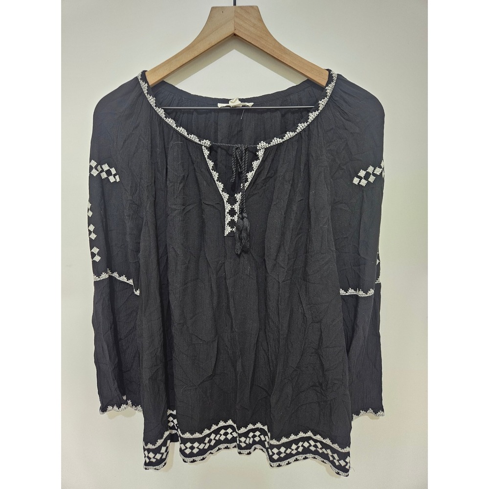Beachlunchlounge Black Embroidered Tassel Peasant Blouse Top Large Boho‎ Rayon